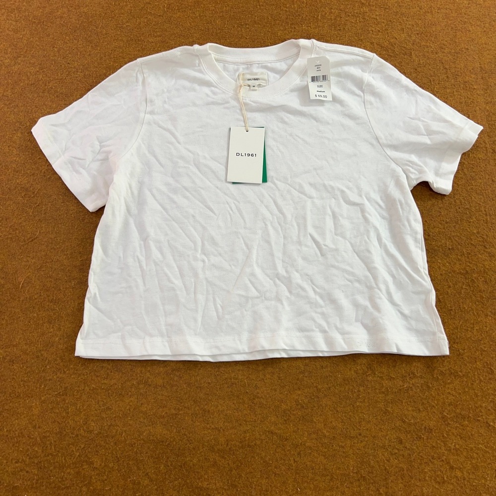 DL1961 Womens Medium White Boxy Crop Short Sleeve Cotton T-Shirt NWT *Flaw